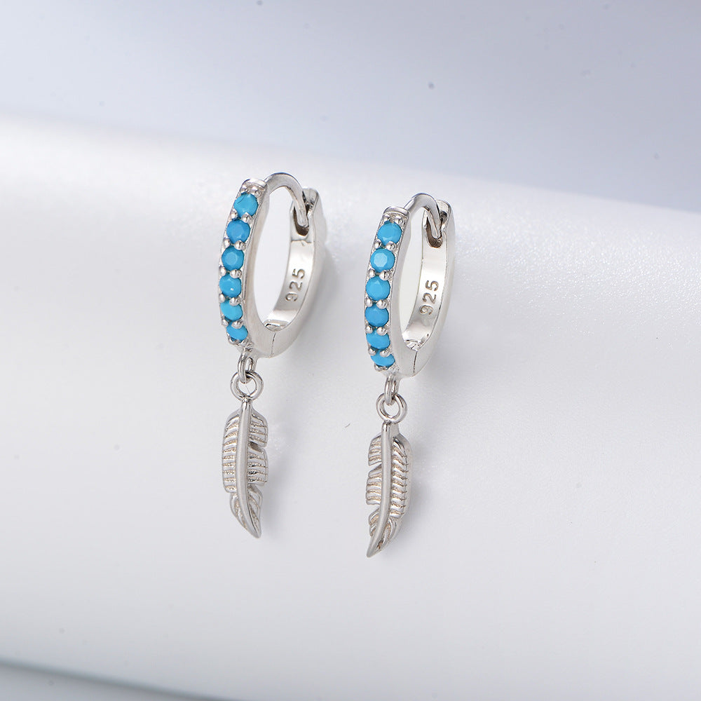 Turquoise Feather Silver Drop Earrings for Women