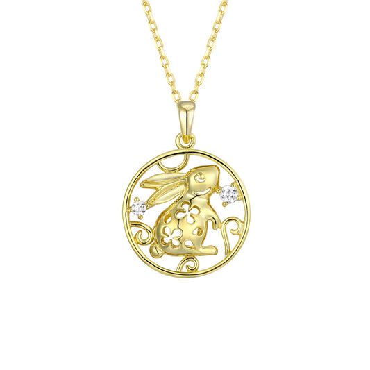 Rabbit with Zircon Hollow Circle Pendant Silver Necklace for Women