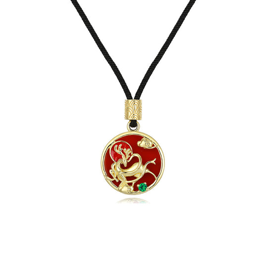 Deer with Green Zircon Red Agate Circle Pendant Silver Necklace for Women