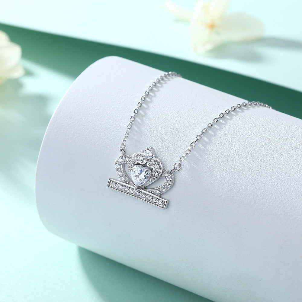 Princess Crown with Heart Zircon Silver Pendant Necklace for Women