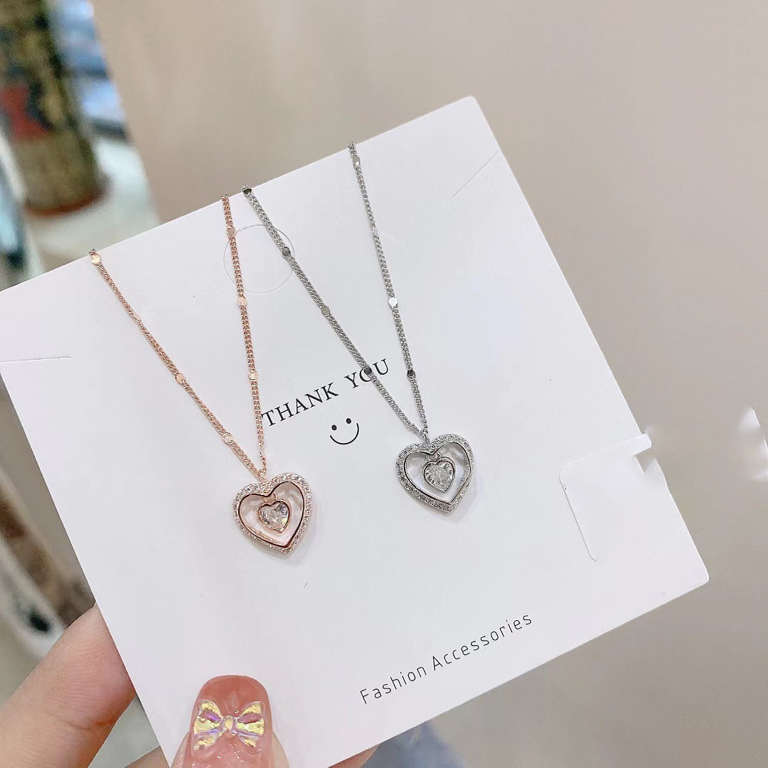 Hollow Heart with Heart-shaped Zircon Pendant Silver Necklace for Women