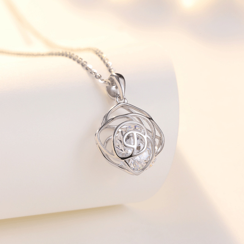 Hollow Rose with Round Zircon Pendant Silver Necklace for Women