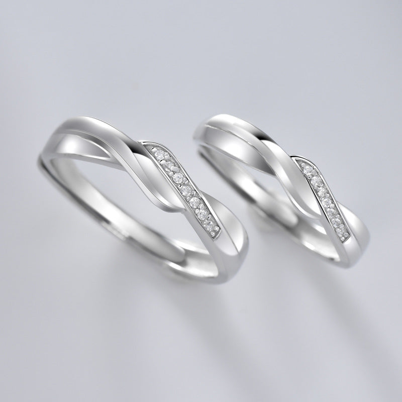 Zircon Interweave Wave Silver Couple Ring