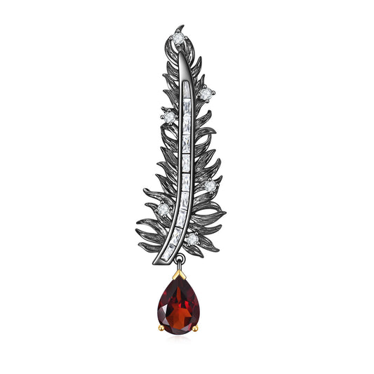 Feather Style  Natural Colourful Gemstone Brooch Pendant Dual-use Silver Necklace for Women