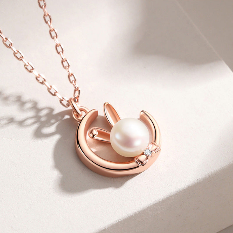 Bunny with Pearl Pendant Silver Necklace for Women