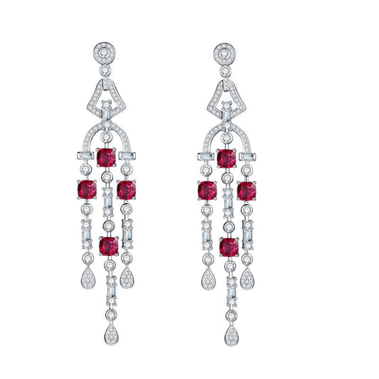 Lab-Created Ruby Tassels Silver Drop Earrings for Women