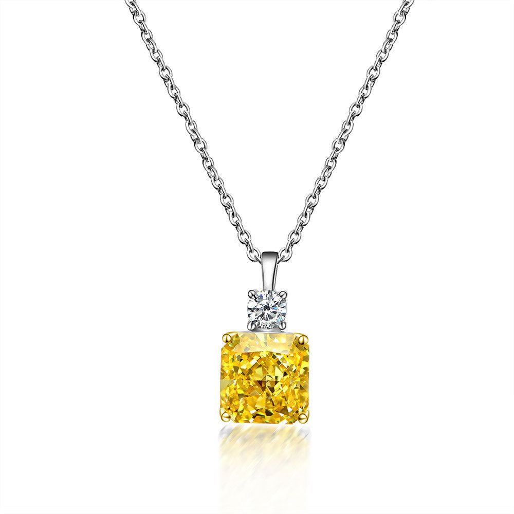 Yellow Zircon 10*10mm Square Ice Cut Pendants Silver Necklace for Women