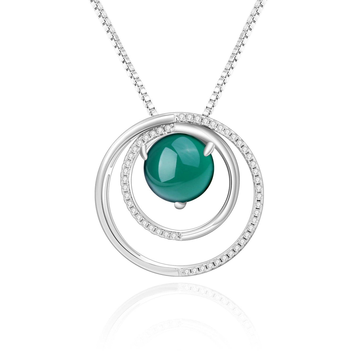 Sense of Advanced Design Natural Green Agate Circle Pendant Silver Necklace for Women