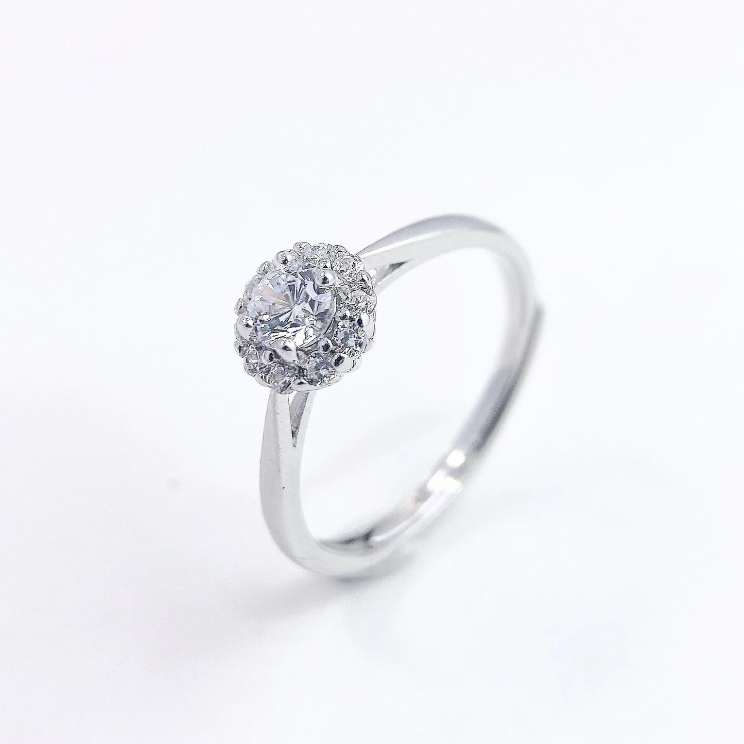 Round Zircon Flower Soleste Halo Silver Ring