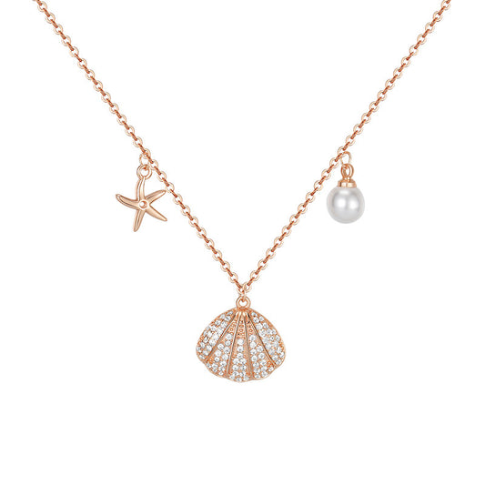 Zircon Shell Pendant with Pearl and Starfish Silver Necklace for Women