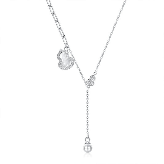 Mother-of-pearl Zircon Gourd Tassel Freshwater Pearl Silver Necklace for Women