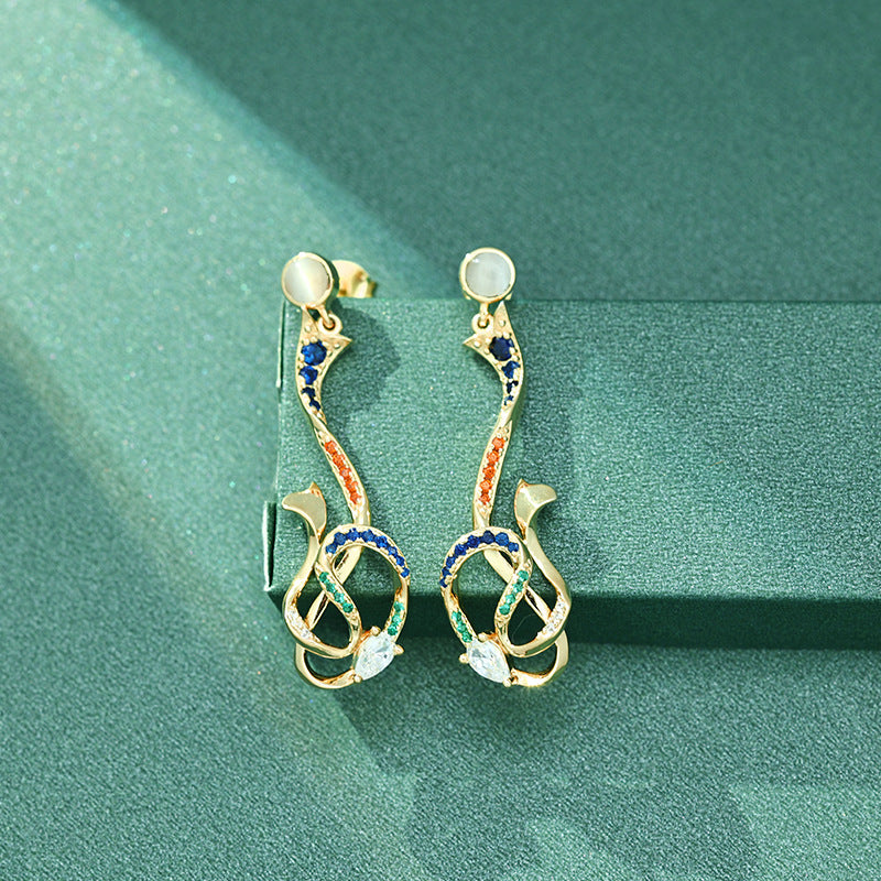 Zircon Ribbon Design with Opal Stone Silver Drop Earrings for Women