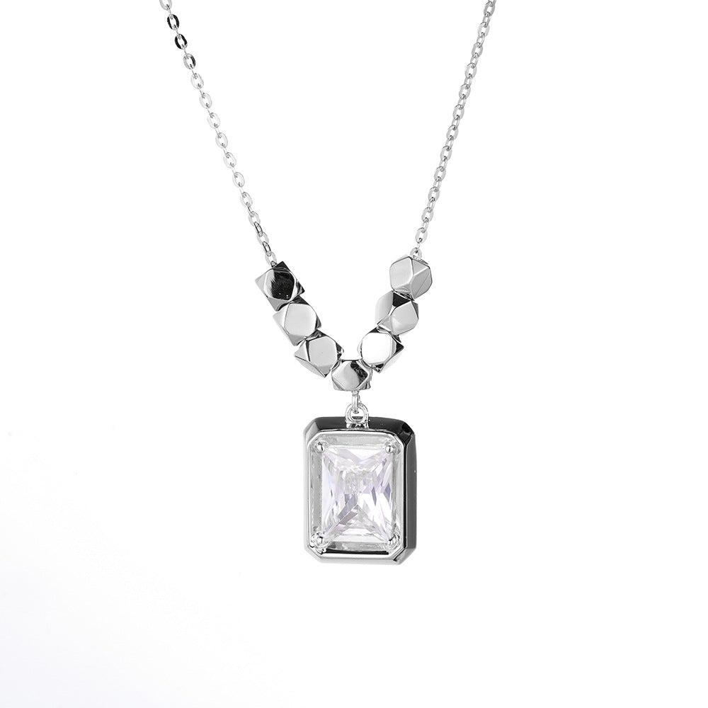 (Two Colours) White Zircon Rectangle Pendants 925 Silver Collarbone Necklace for Women