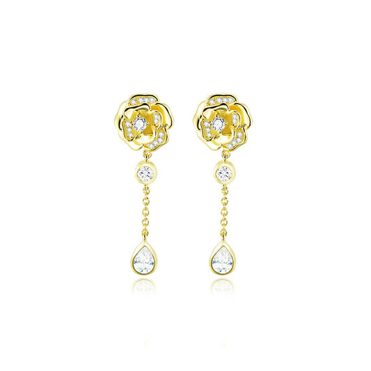 Zircon Camellia Tassel Silver Drop Earrings for Women