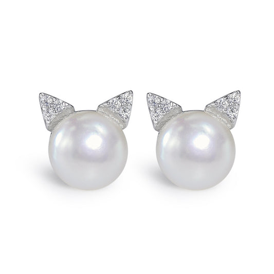 Freshwater Pearl Cat Head Silver Stud Earrings for Women