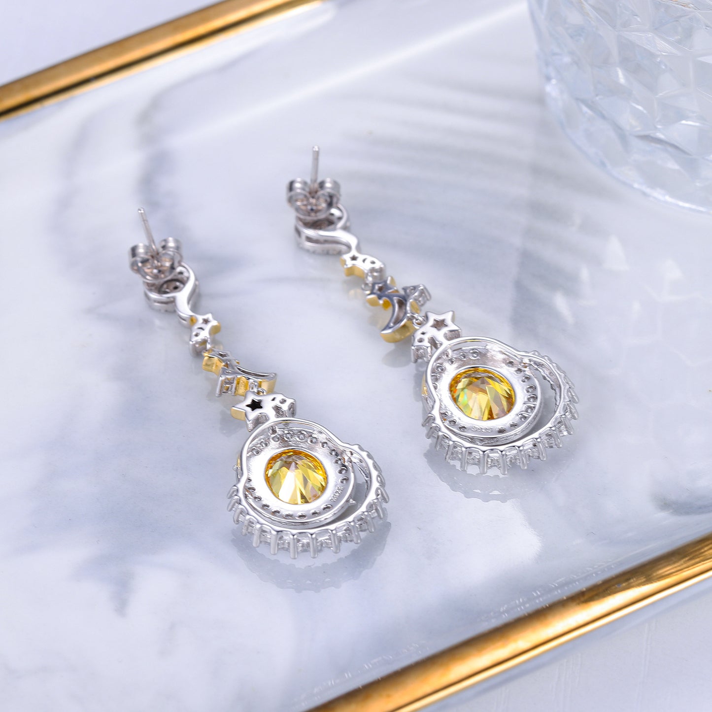 European Yellow Zircon Moonstar Oval Shape Silver Drop Earrings for Women