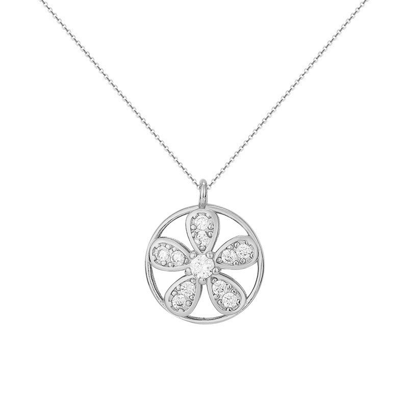 Zircon Five-leaves Grass Circle Pendant Silver Necklace for Women