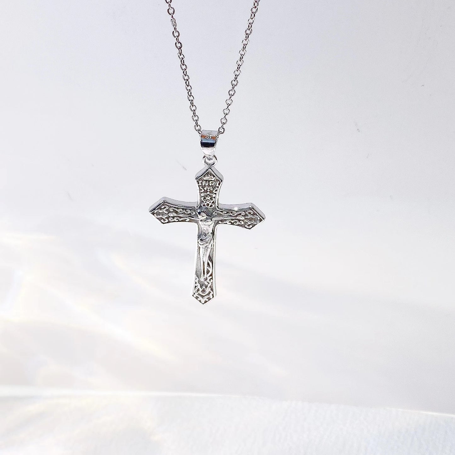 Jesus Cross with Decorative Pattern Pendant Silver Necklace for Women