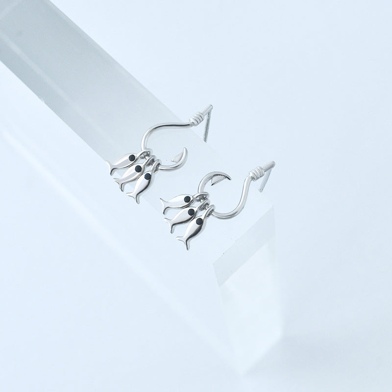 Hook with Small Fish Silver Drop Earrings for Women
