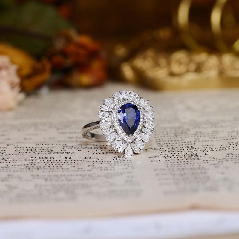 Lab-Created Sapphires 6*9mm Water Droplet Soleste Halo Silver Ring for Women