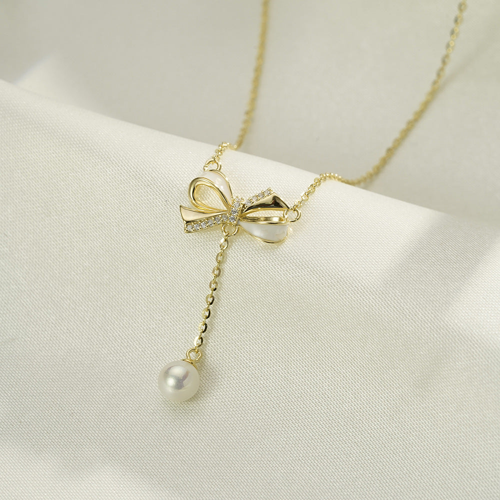 (Two Colours) White Zircon Bowknot with Pearl Pendants 925 Silver Collarbone Necklace for Women
