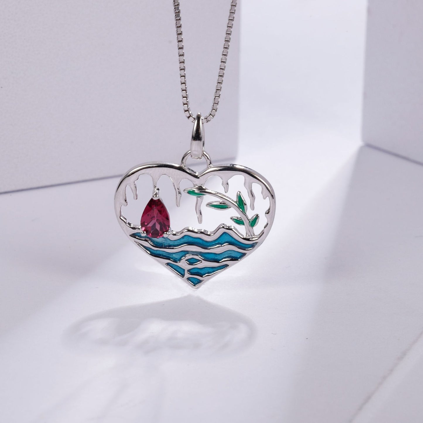 Natural Colourful Gemstone Enamel Lake In The Heart Pendant Silver Necklace for Women