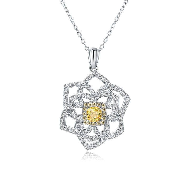 Yellow Zircon 4*4mm Cushion Cut Roses Pendants Silver Necklace for Women