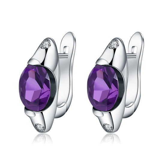 European Retro Style Inlaid Natural Gemstone Oval Shape Silver Studs Earrings for Women