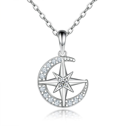 Zircon Moon with Star Pendant Silver Necklace for Women