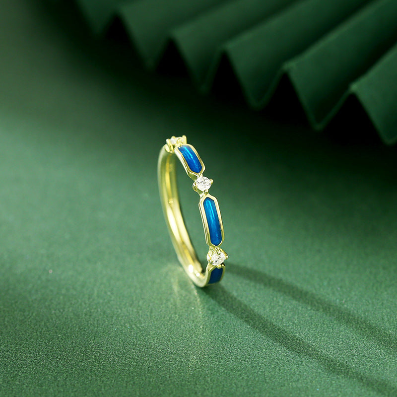 Blue Enamel with Zircon Silver Ring for Women