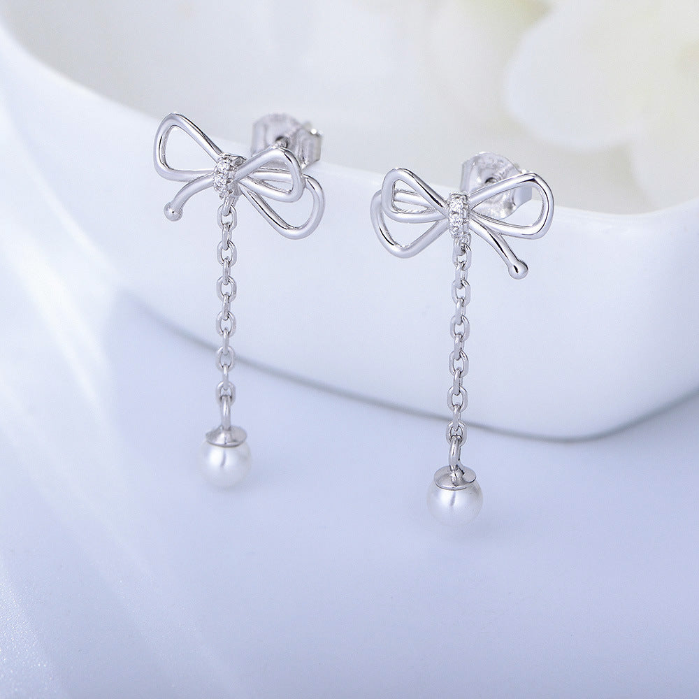 Bowknot Tassel Pearl Silver Drop Earrings for Women