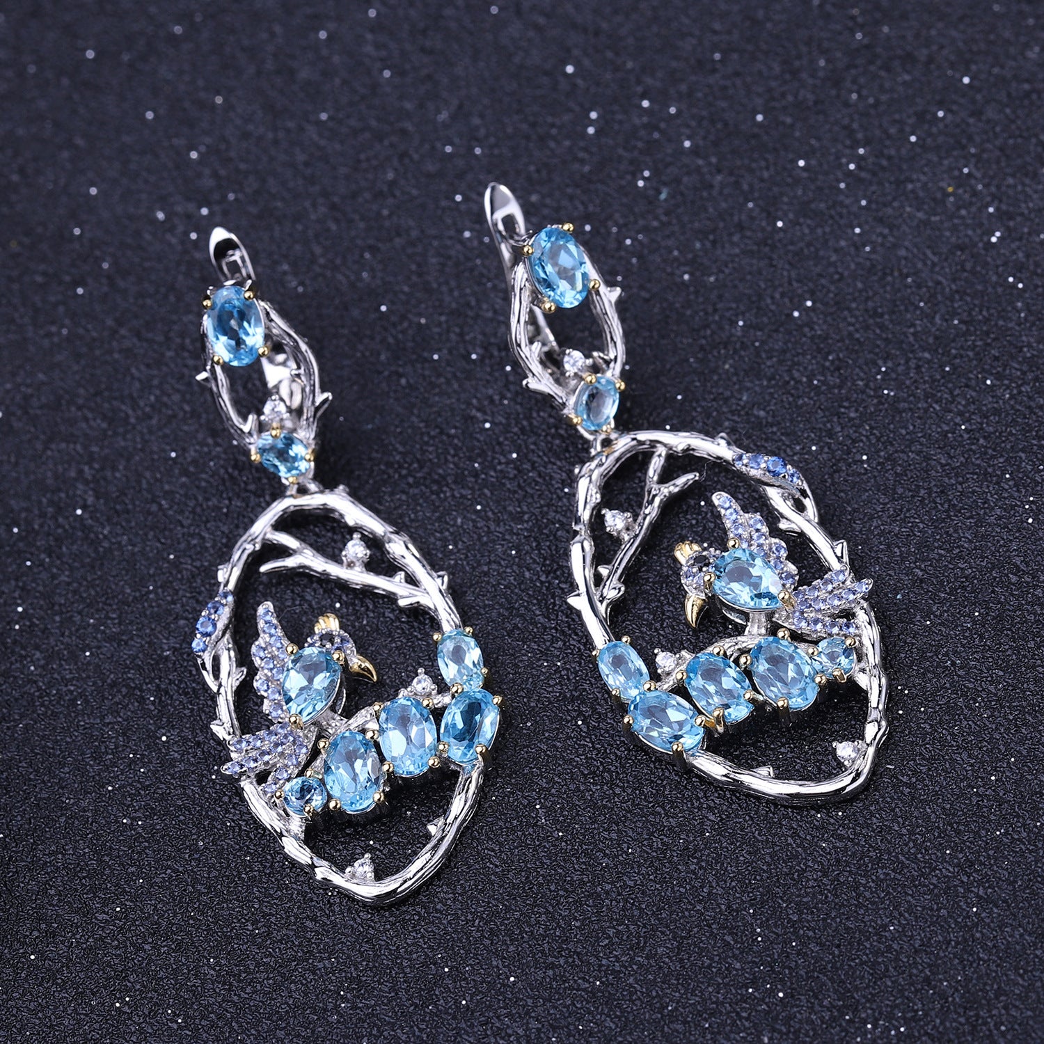 Birds Design Chinese Style 925 Silver Natural Gemstone Drop Earrings for Women