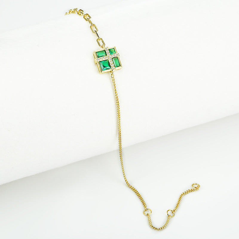 Square Green Zircon Two Style Chain Silver Bracelet for Women