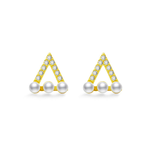 Hollow Zircon Triangle with Pearl Silver Stud Earrings for Women
