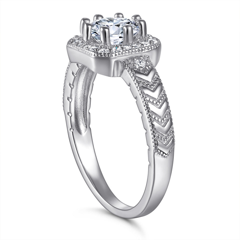 4A Round Zircon Soleste Halo Cathedral Silver Ring for Women