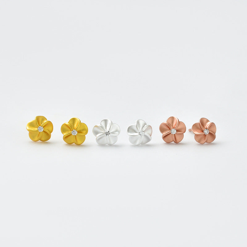 Frosted Plum Blossom with Zircon Silver Stud Earrings for Women