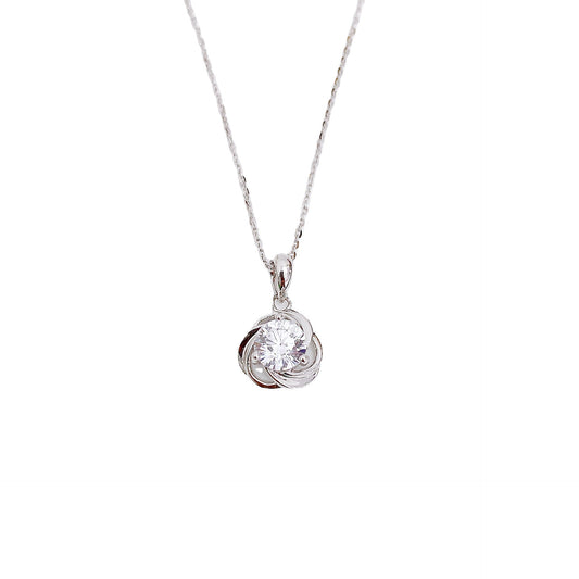 Three Petals Flower with Round Zircon Pendant Silver Necklace for Women