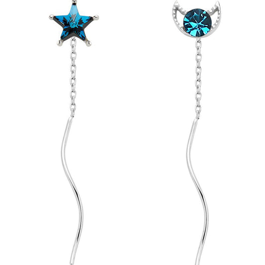 Blue Zircon Star Moon Asymmetric Ear Line Silver Drop Earrings for Women