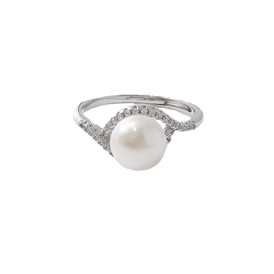 Natural Pearl Twisted Arm with Zircon Silver Ring for Women