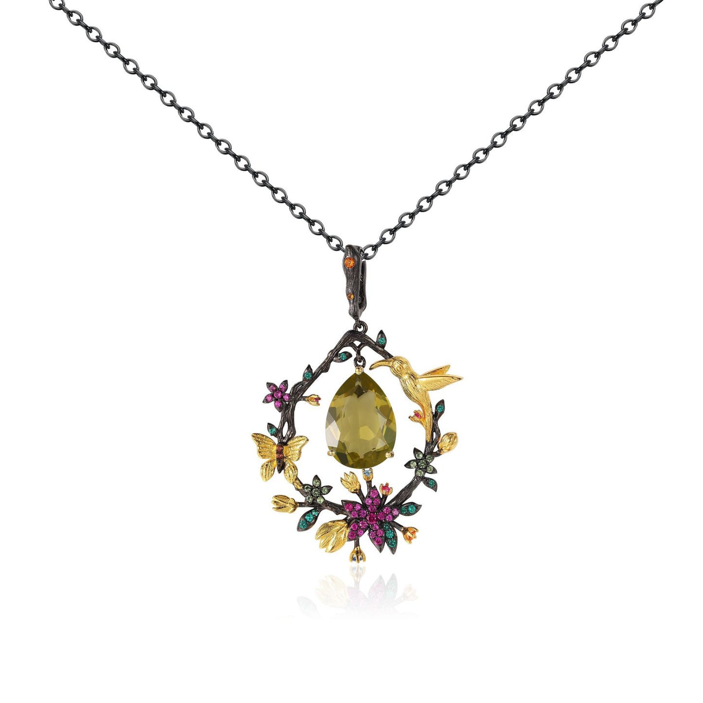 Natural Colorful Gemstone Spring on The Branch with Bird Pendant Silver Necklace for Women