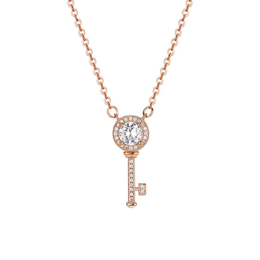 Key with Round Zircon Pendant Silver Necklace for Women