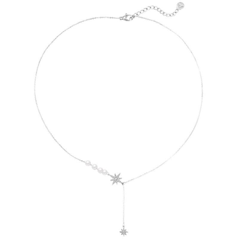 Zircon Eight-star with Pearl Tassle Silver Necklace for Women