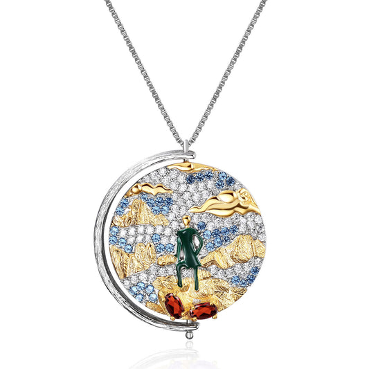 Italian Craft Abstract Pattern Vintage Jewelry Design Inlaid Colourful Gemstone Pendant Silver Necklace for Women