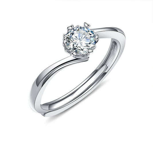 Round Zircon Six Heart Prongs Solitaire Silver Ring