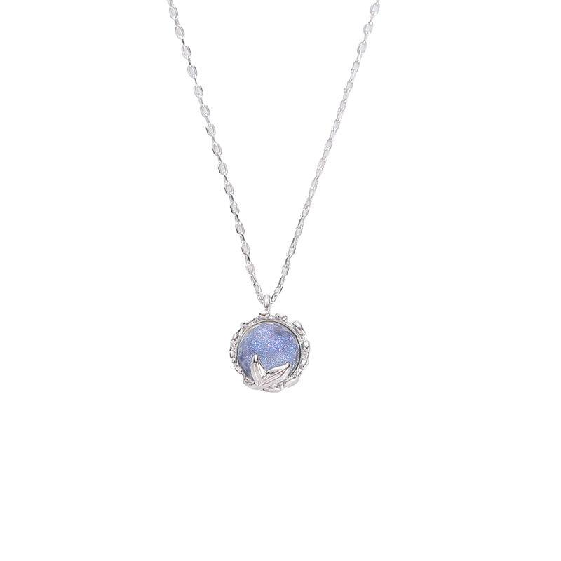 Fishtail with Moonstone Circle Pendant Silver Necklace for Women