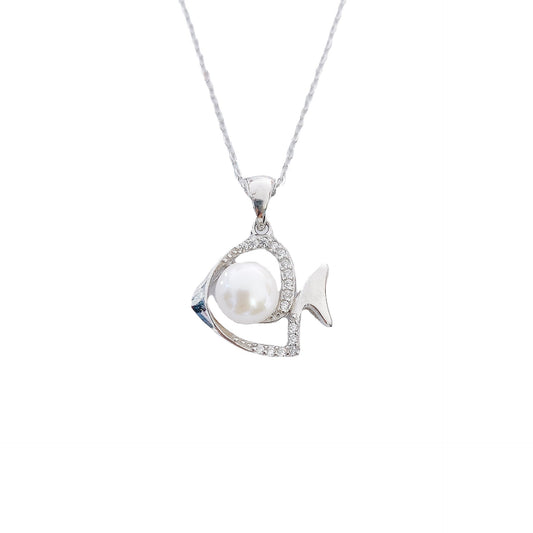 Zircon Fish with Pearl Pendant Silver Necklace for Women