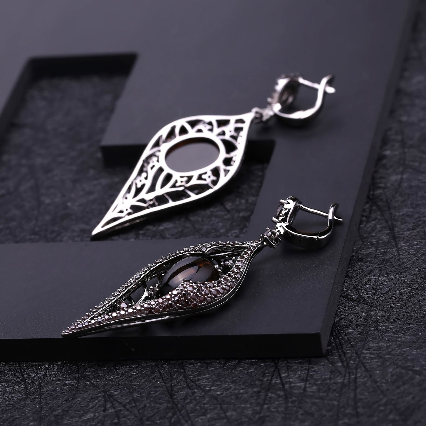 Italian Craft Vintage Style Inlaid Natural Crystal Creative Leaf Silver Drop Earrings for Women