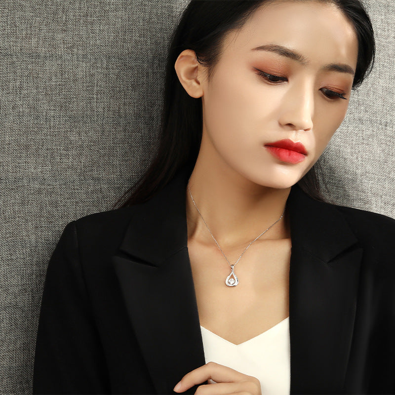 Hollow Droplet with Round Zircon Pendant Silver Necklace for Women