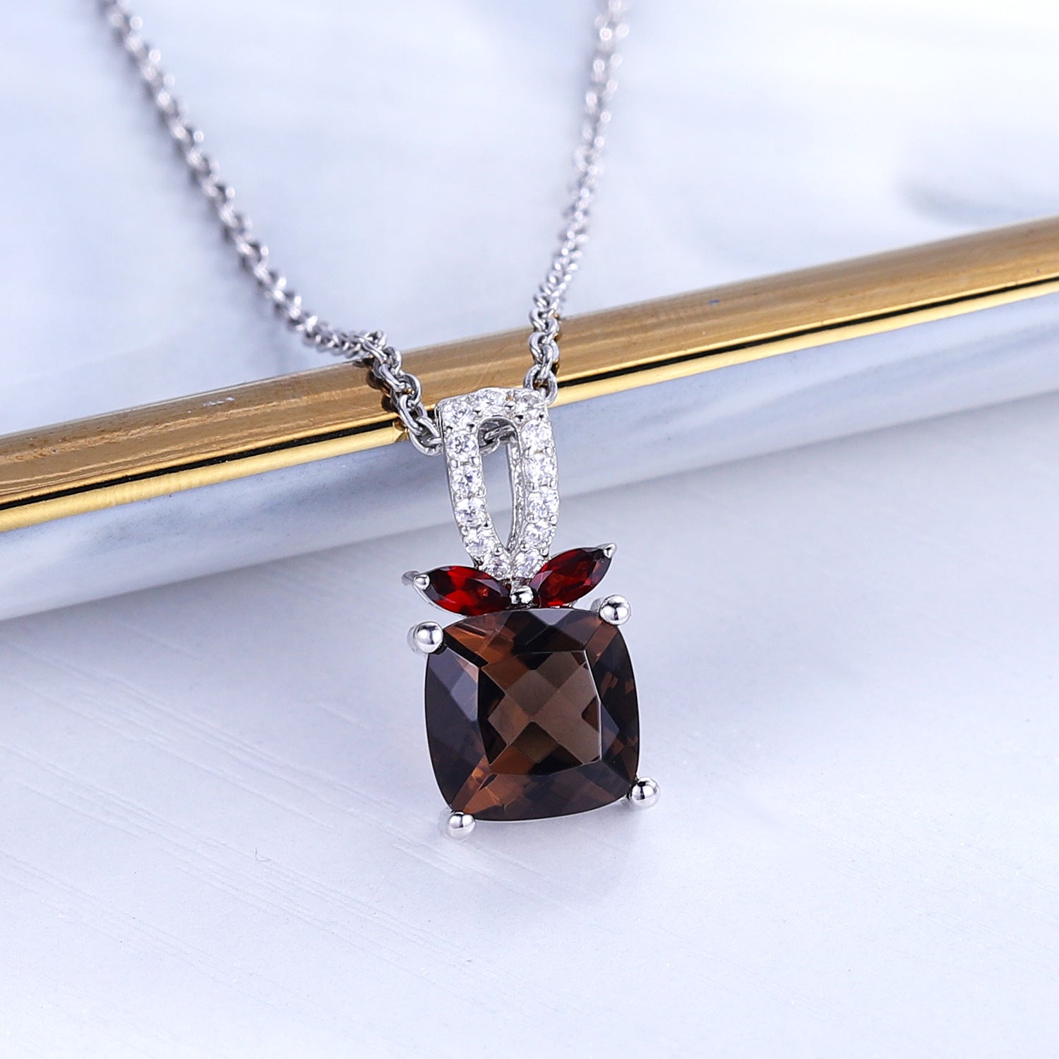 Simple and Versatile Fashion Design Inlaid Natural Colourful Crystal Square Pendant Sterling Silver Necklace for Women