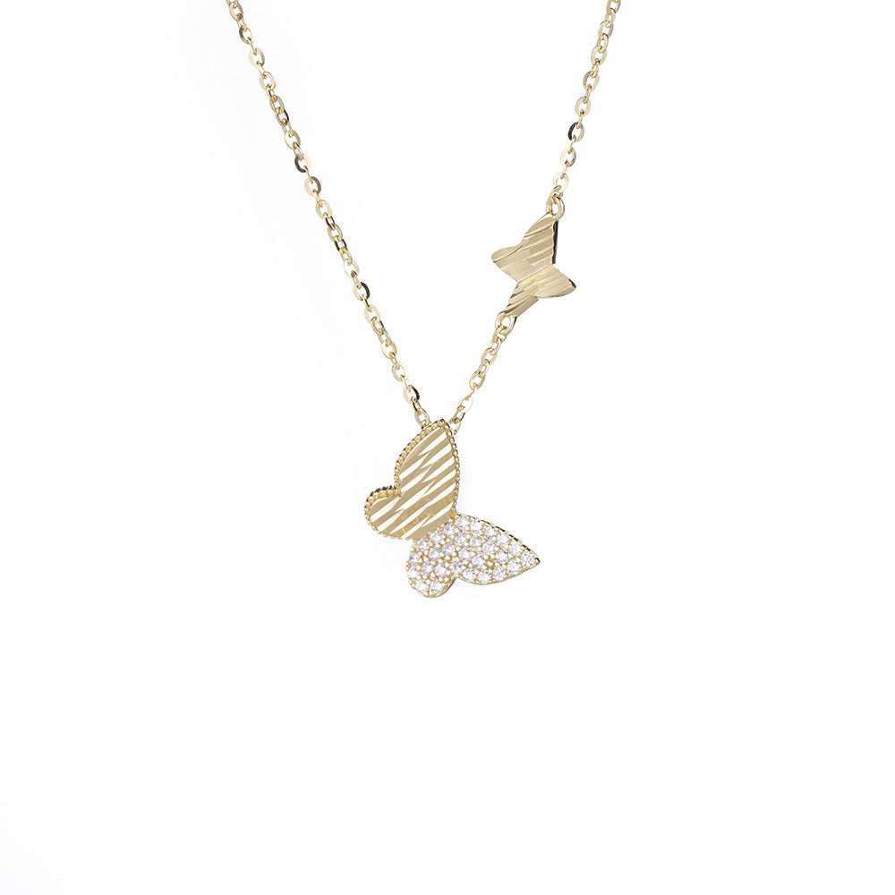 (Two Colours) White Zircon Double Butterflies Pendants Silver Collarbone Necklace for Women